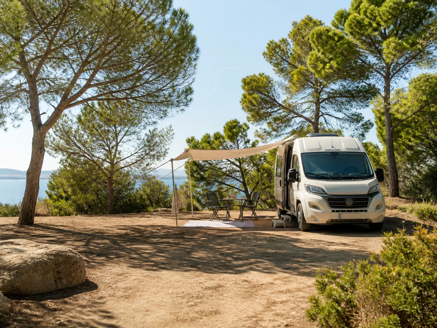Parcela de camping con autocaravana bajo los pinos